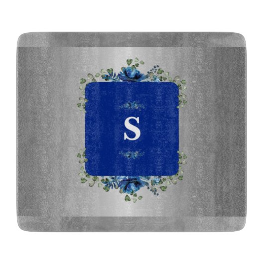 Blauw Azure Bloom: Metallic zilveren bloemen Snijplank (Voorkant)