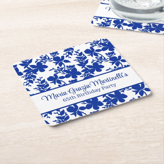 Blauw Azure Floral Pattern | Chic verjaardagsfeest Kartonnen Onderzetters (Schuin)