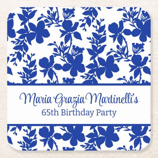 Blauw Azure Floral Pattern | Chic verjaardagsfeest Kartonnen Onderzetters (Voorkant)