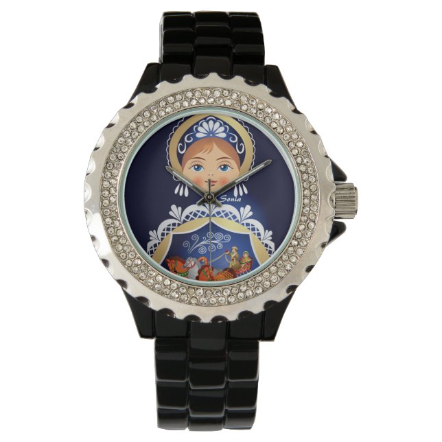 Blauw Babushka Matryoshka Russisch pophorloge Horloge (Voorkant)