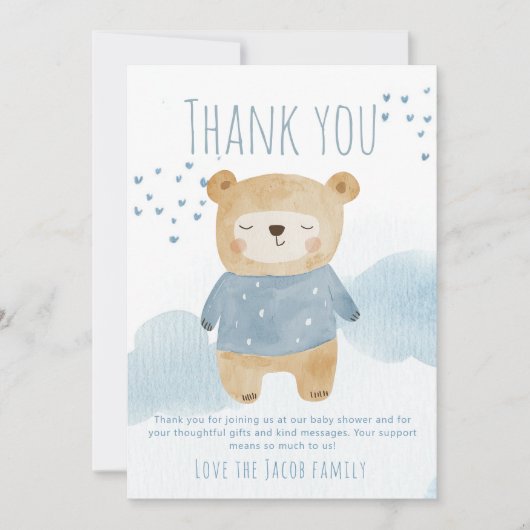 Blauw Baby Beer met harten en wolken Bedankkaart (Voorkant)