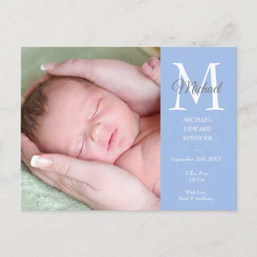 Blauw Baby Boy Initiaal Monogram Foto Dank u Briefkaart (Voorkant)