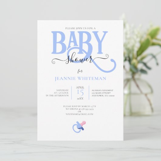 BLAUW BABY BOY SHOWER MET VERPAKKINGSINVITATIE KAART (Staand voorkant)