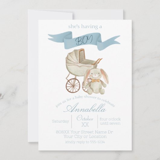 Blauw Baby Carriage en Bunny Baby BOY Kaart (Voorkant)