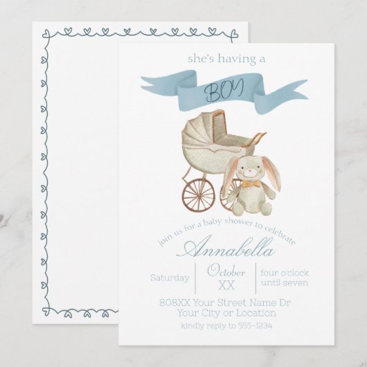 Blauw  Baby Carriage en Bunny Baby BOY Kaart (Voorkant / Achterkant)