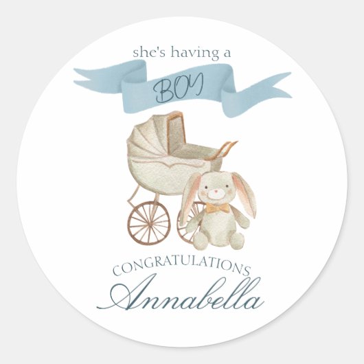 Blauw  Baby Carriage en Bunny Baby BOY Ronde Sticker (Voorkant)