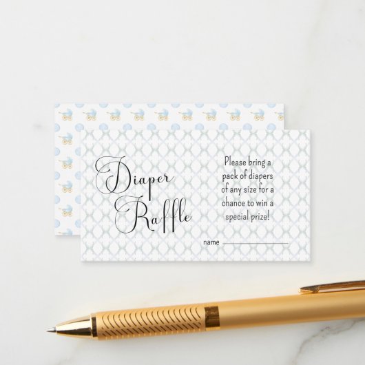 Blauw Baby Carriage Pattern Luier Raffle Kaart (Voorkant / Achterkant in situ)