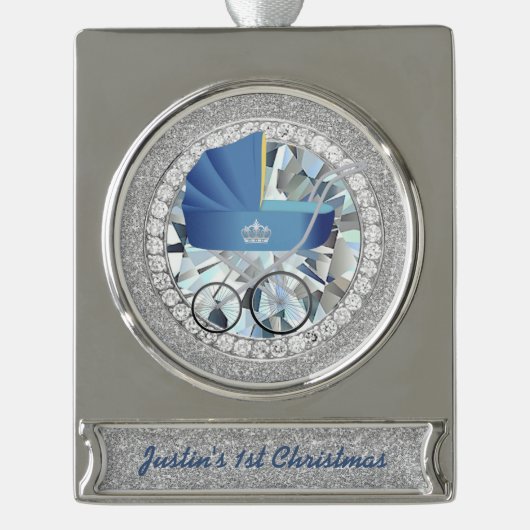 Blauw Baby Hadder Faux Glitter Verzilverd Banner Ornament (Voorkant)