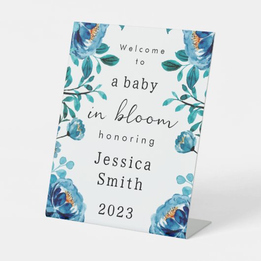Blauw "Baby in Bloom" Welkomstbord voor voetstuk Reclamebord Met Voetstuk (Voorkant)