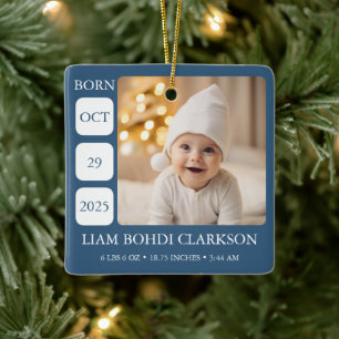 Blauw Baby Jongen Geboorte Stats Foto Ornament Aan