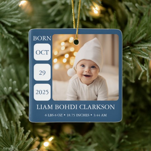 Blauw Baby Jongen Geboorte Stats Foto Ornament Aan (Boom)