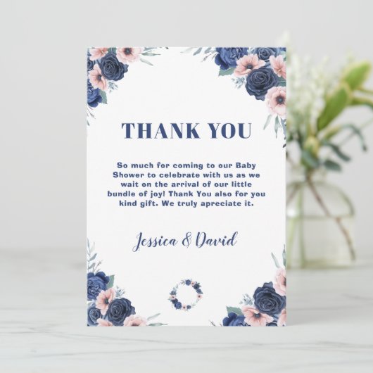 Blauw Baby-Q Bloemen Roos Pastel BBQ Baby shower Bedankkaart (Staand voorkant)