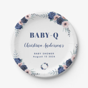 Blauw Baby-Q Bloemen Roos Pastel BBQ Baby shower Papieren Bordje