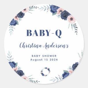 Blauw Baby-Q Bloemen Roos Pastel BBQ Baby shower Ronde Sticker