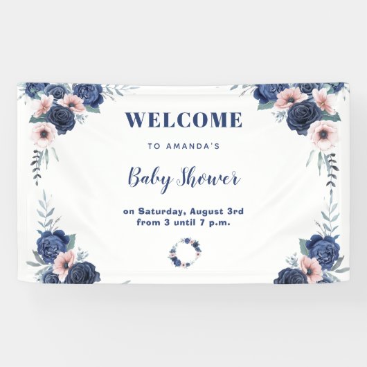 Blauw Baby-Q Bloemen Roos Pastel BBQ Baby shower Spandoek (Horizontaal)