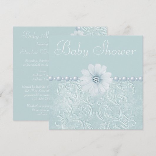 Blauw  Baby shower Bling Flowers & Pearls Kaart (Voorkant / Achterkant)