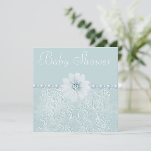 Blauw  Baby shower Bling Flowers & Pearls Kaart (Staand voorkant)