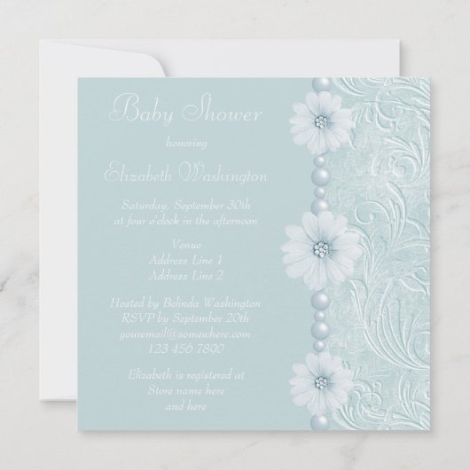 Blauw  Baby shower Bling Flowers & Pearls Kaart (Achterkant)