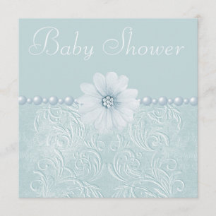 Blauw  Baby shower Bling Flowers & Pearls Kaart