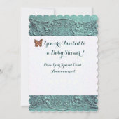 BLAUW BABY SHOWER, BUTTERFLES, FLORAL SWIRLS KAART (Achterkant)