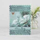 BLAUW BABY SHOWER, BUTTERFLES, FLORAL SWIRLS KAART (Staand voorkant)