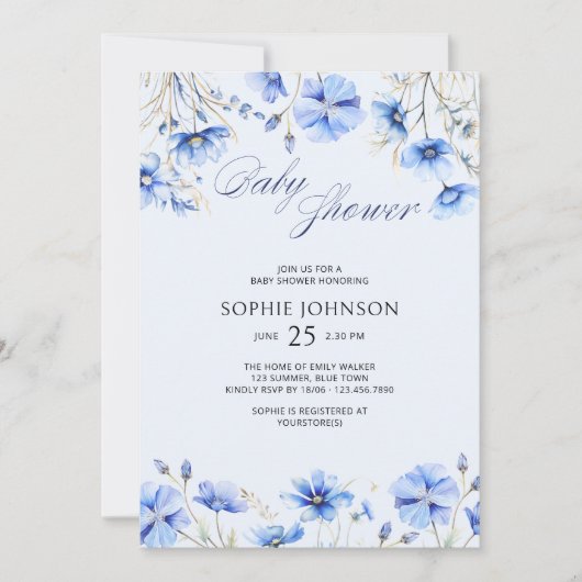 Blauw Baby shower Elegante zomerbloemen Kaart (Voorkant)