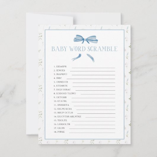 Blauw Baby shower Lente Bloemen Woord Scramble Notitiekaartje (Voorkant)