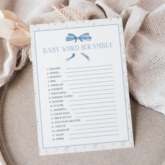 Blauw Baby shower Lente Bloemen Woord Scramble Notitiekaartje