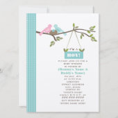 Blauw Baby shower mama en papa vogels en nesten Kaart (Voorkant)