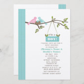 Blauw Baby shower mama en papa vogels en nesten Kaart (Voorkant / Achterkant)