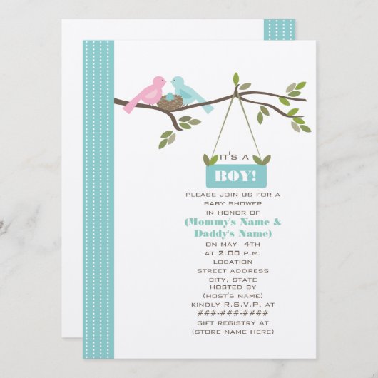 Blauw Baby shower mama en papa vogels en nesten Kaart (Voorkant / Achterkant)