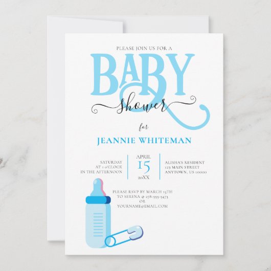 BLAUW BABY SHOWER MET BABY FLESINVITATIE KAART (Voorkant)