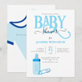 BLAUW BABY SHOWER MET BABY FLESINVITATIE KAART (Voorkant / Achterkant)