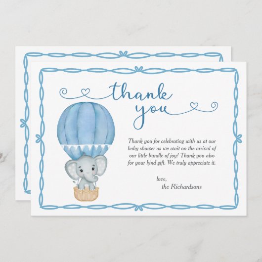 Blauw Baby shower met olifant Bedankkaart (Voorkant / Achterkant)