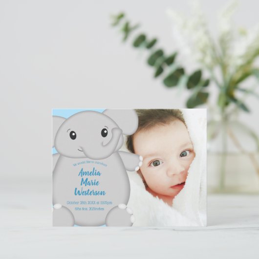 Blauw Baby shower met olifant Briefkaart (Staand voorkant)