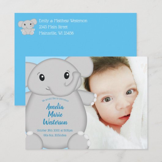 Blauw Baby shower met olifant Briefkaart (Voorkant / Achterkant)