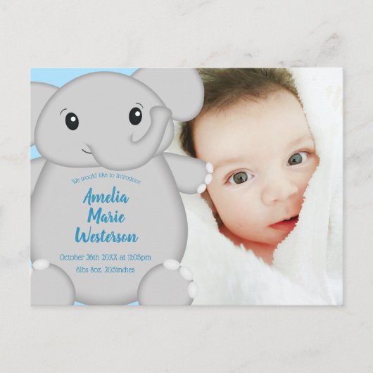 Blauw Baby shower met olifant Briefkaart (Voorkant)