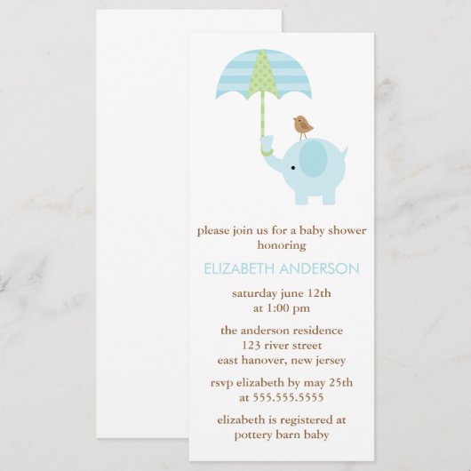 Blauw Baby shower met olifant Kaart (Voorkant / Achterkant)