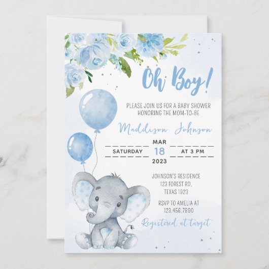 Blauw Baby shower met olifant Kaart (Voorkant)