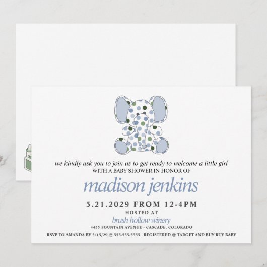 Blauw Baby shower met olifant Kaart (Voorkant / Achterkant)