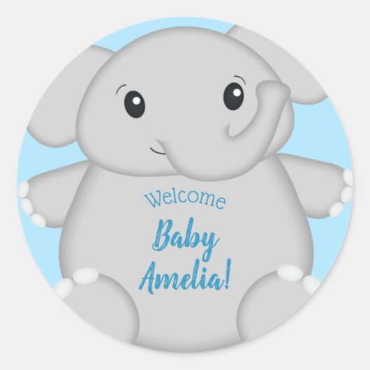Blauw Baby shower met olifant Ronde Sticker (Voorkant)