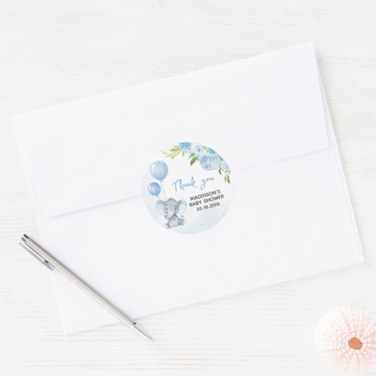 Blauw Baby shower met olifant Ronde Sticker (Envelop)