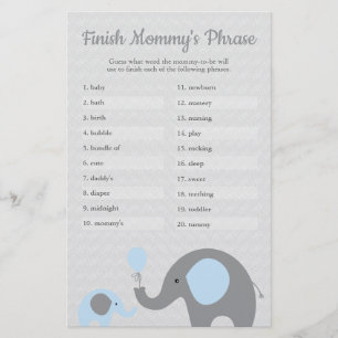 Blauw Baby shower met olifant Voltooi de zin van m Flyer