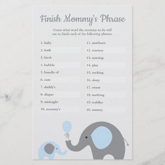 Blauw Baby shower met olifant Voltooi de zin van m Flyer (Voorkant)