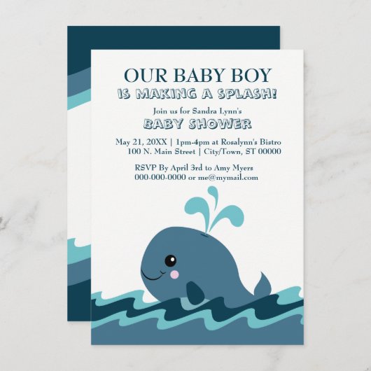 Blauw Baby shower met walvisthema nodigt uit Kaart (Voorkant / Achterkant)
