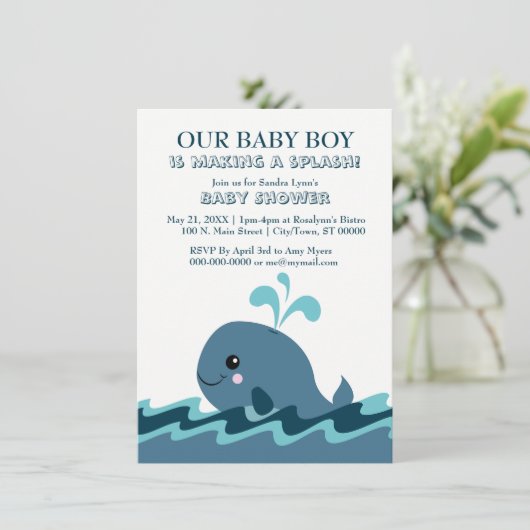 Blauw Baby shower met walvisthema nodigt uit Kaart (Staand voorkant)