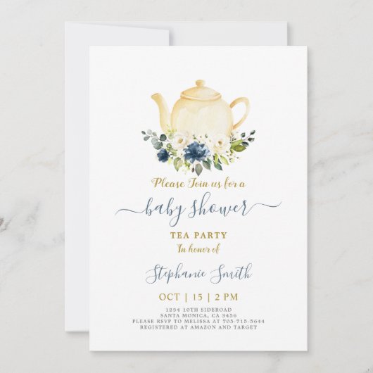 Blauw Baby shower Par-Tea Invitation Kaart (Voorkant)