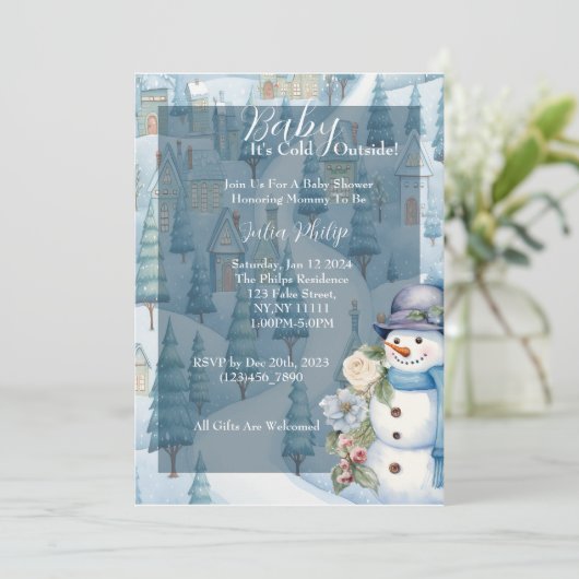 Blauw Baby shower uitnodiging. Winterthema Kaart (Staand voorkant)