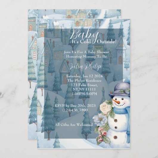 Blauw Baby shower uitnodiging. Winterthema Kaart (Voorkant / Achterkant)