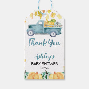 Blauw Baby shower van de kleine pompoenwagen Cadeaulabel